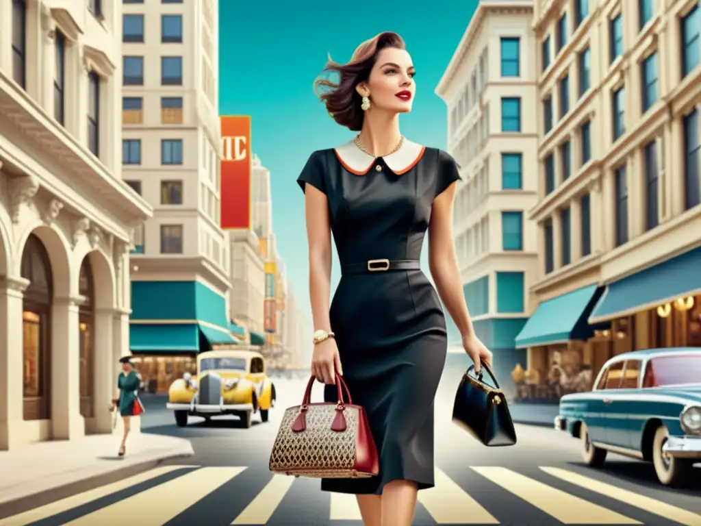 Una elegante mujer en un vestido negro clásico sostiene un bolso retro, caminando por una bulliciosa calle de la ciudad