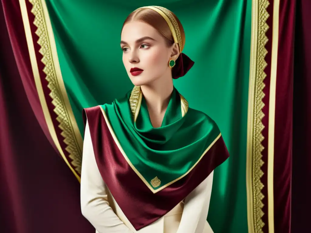 Un elegante pañuelo de seda con diseño art déco en oro y verde es iluminado por una suave luz natural, sobre terciopelo burdeos