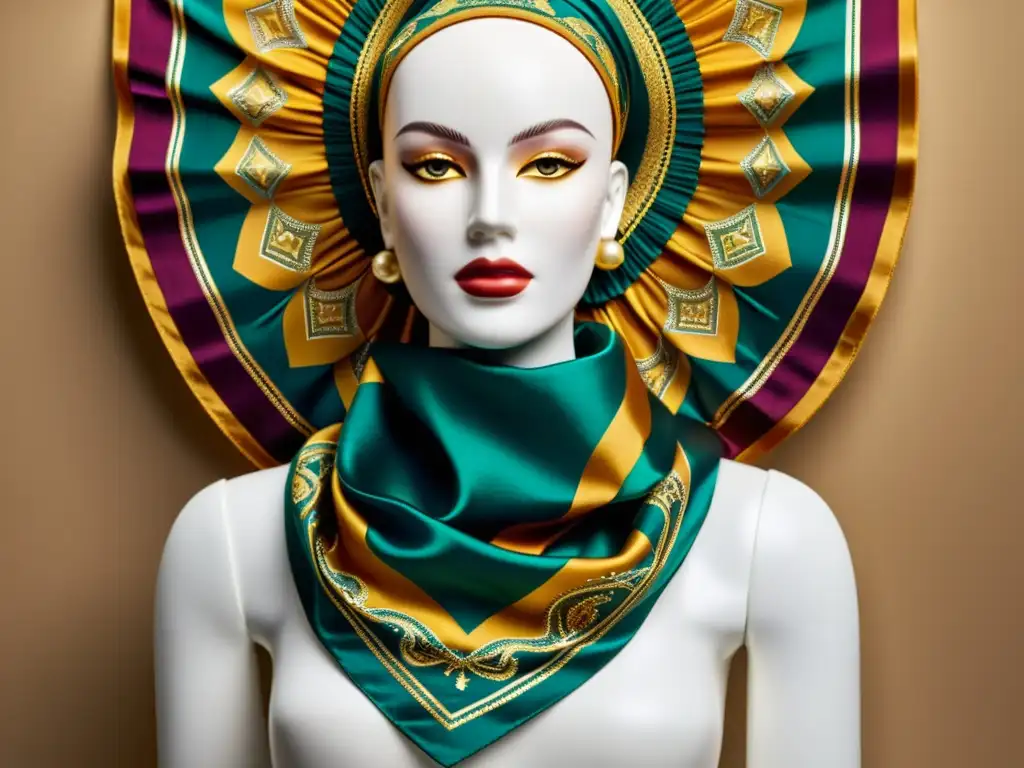 Un elegante pañuelo de seda con diseño vintage y detalles en oro, evocando lujo y sofisticación atemporal