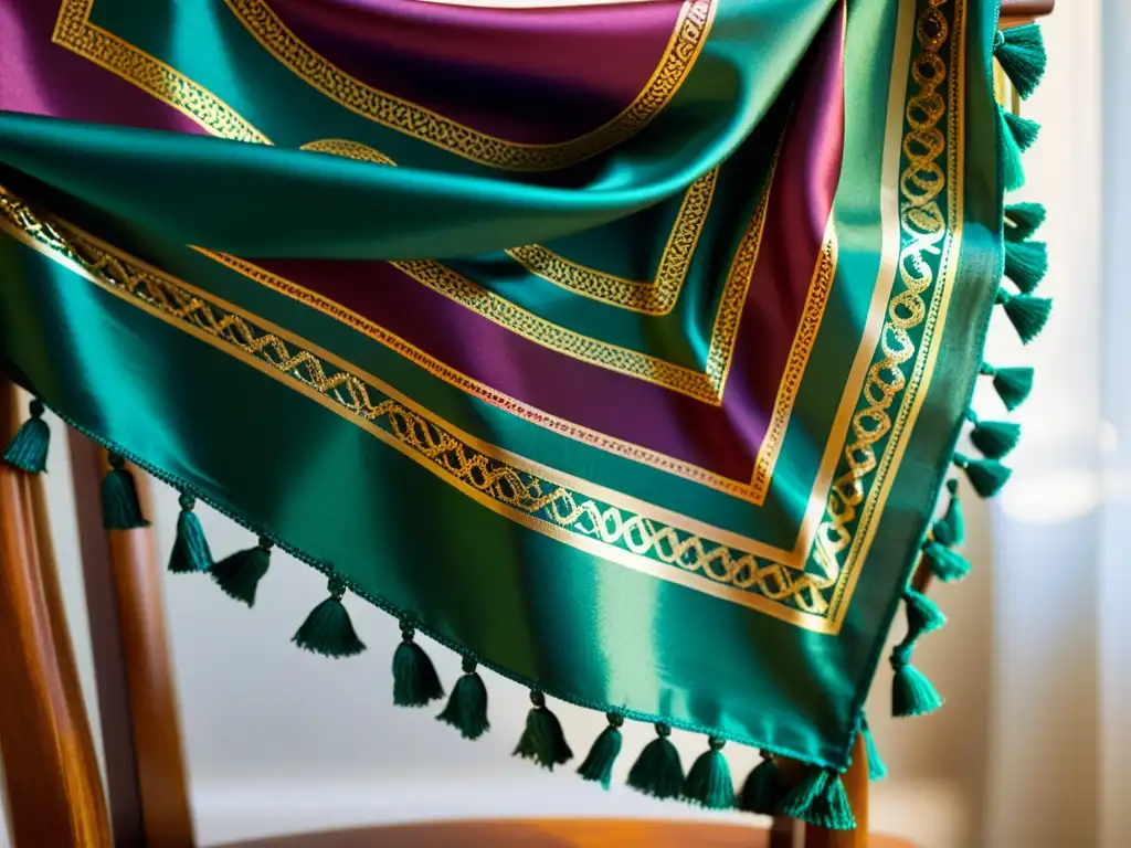 Un elegante pañuelo de seda vintage con patrones intrincados y tonos joya, sobre una silla de madera tallada