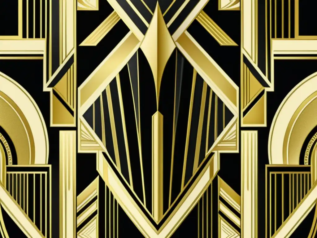 Un elegante patrón Art Deco en oro y negro evoca la opulencia de los años 20, con motivos ornamentales y formas angulares