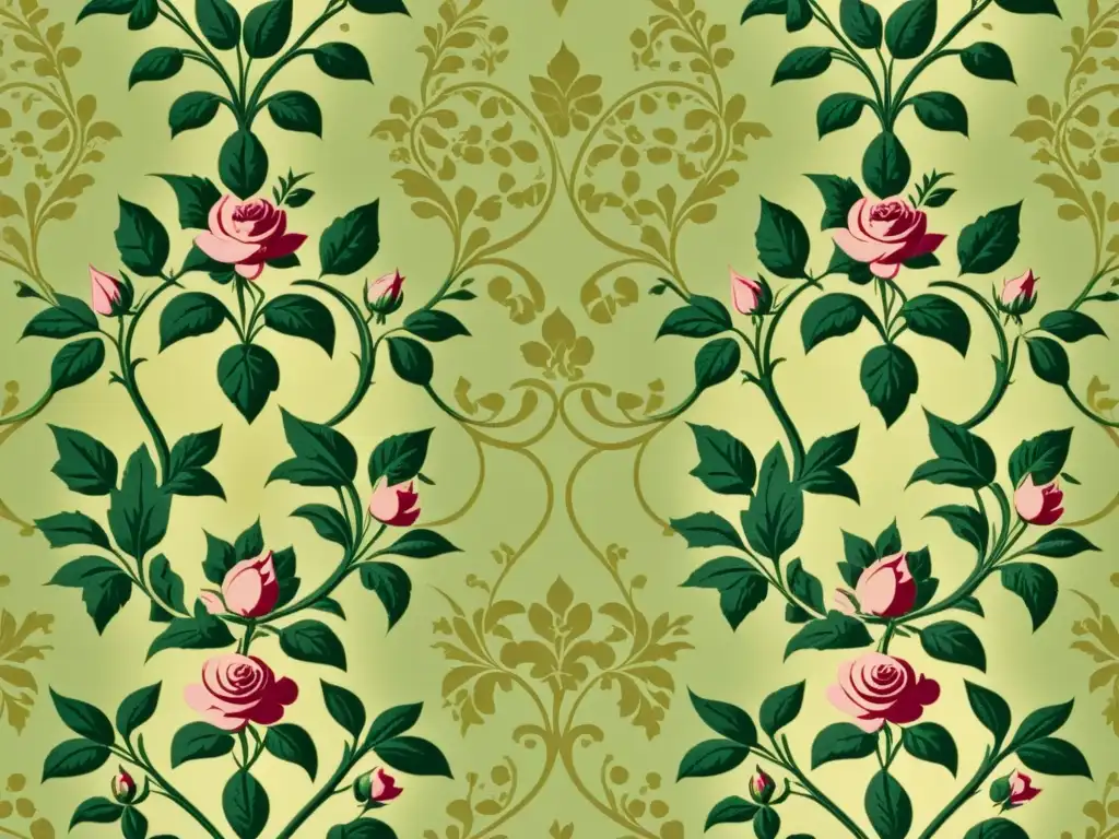 Un elegante patrón floral vintage en tonos de oro, verde y rosa evoca la evolución de patrones en diseño de interiores