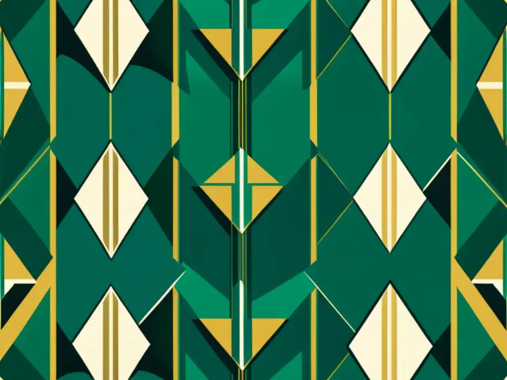 Un elegante patrón de papel tapiz de inspiración Art Deco con formas geométricas metálicas en tonos de esmeralda, burdeos y dorado