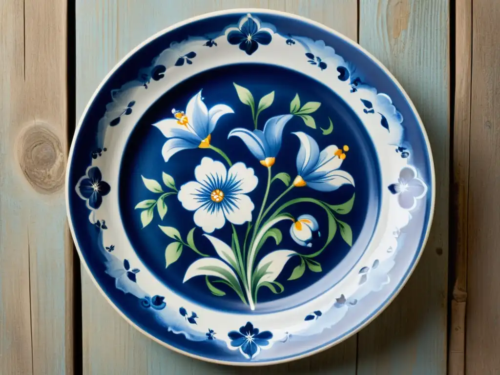 Un elegante plato de cerámica de Delft pintado a mano con intrincados patrones florales azules sobre un fondo de madera rústica