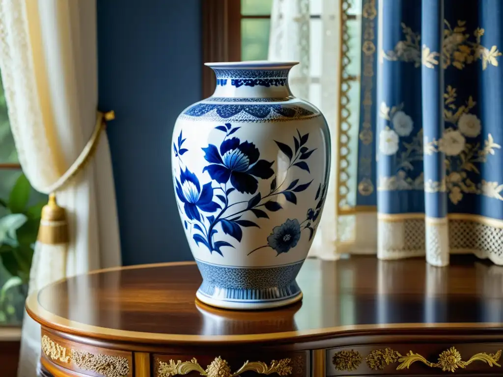 Una elegante porcelana azul y blanca con adornos dorados, sobre mesa de madera en ambiente de sofisticación y arte en mercado de antigüedades