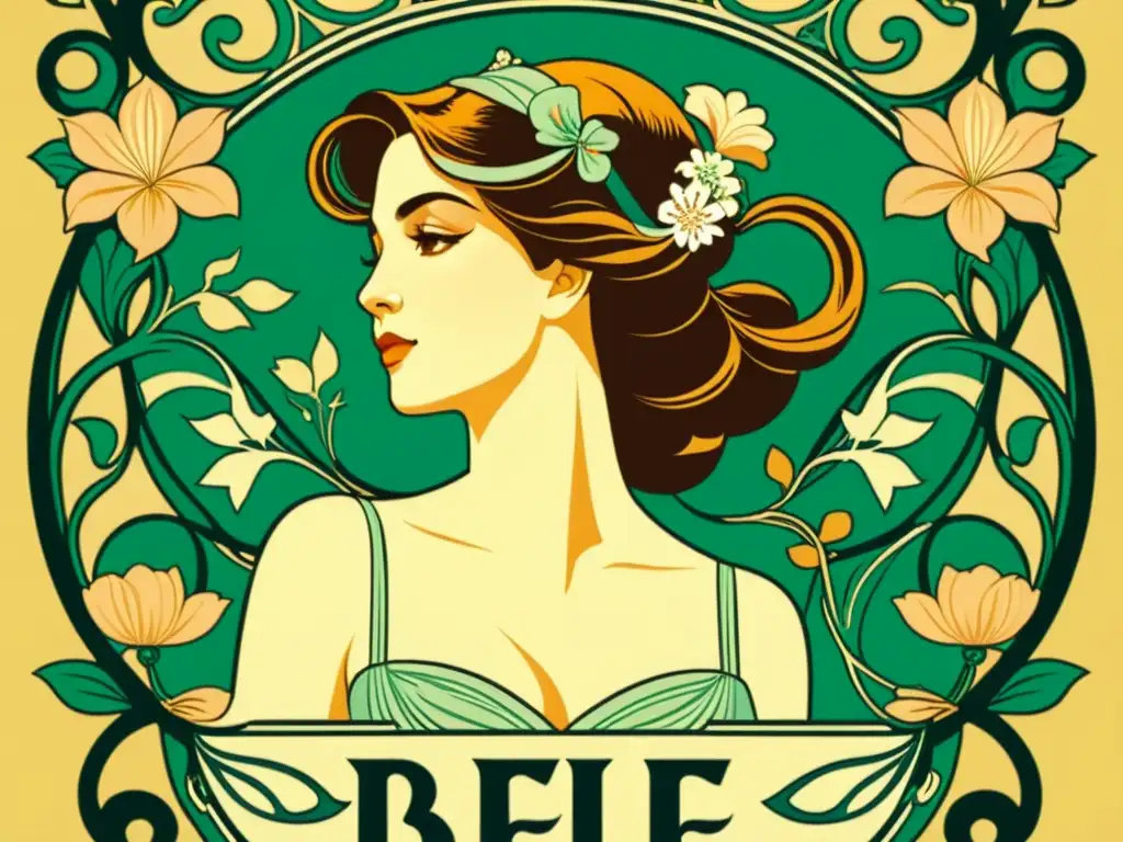 Un elegante póster Art Nouveau con patrones florales, tipografía elegante y colores pastel evocando la Belle Époque