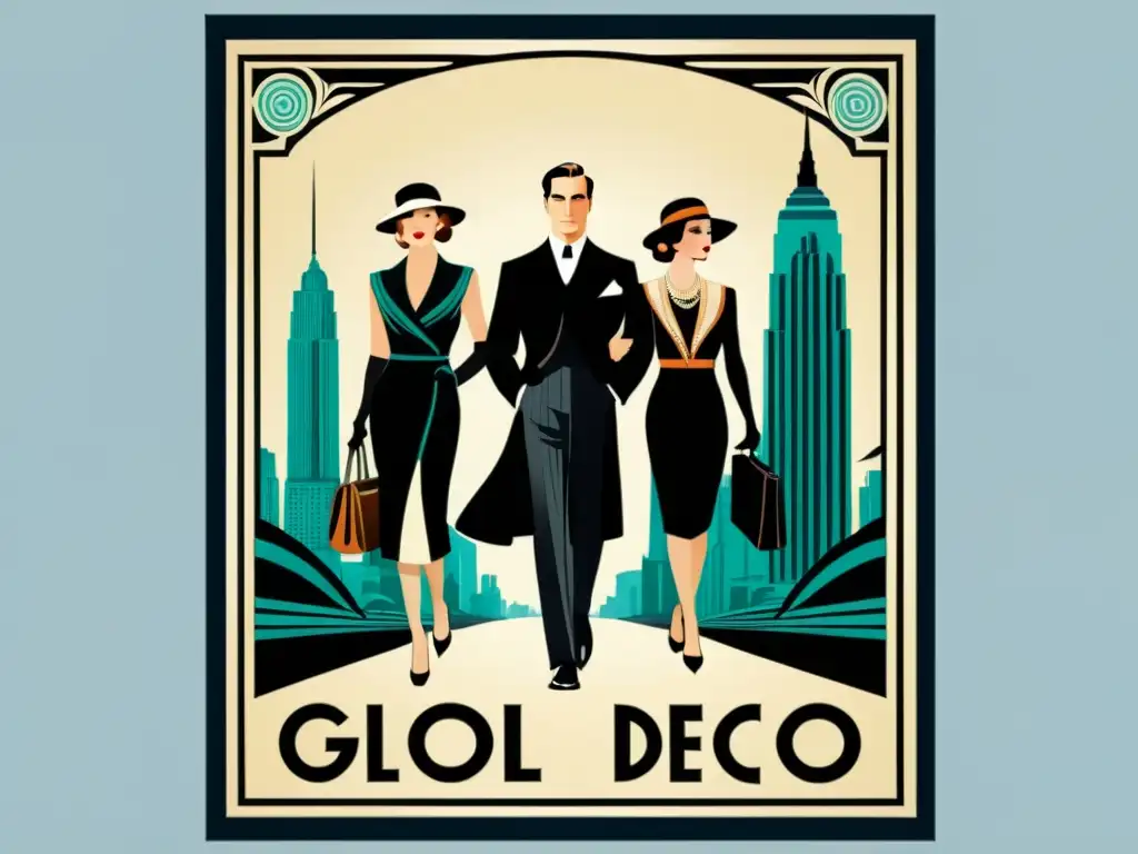 Un elegante póster publicitario de patrones artísticos globales en una bulliciosa ciudad de la década de 1920, evocando glamour y prestigio