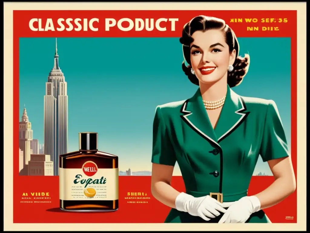 Una elegante publicidad vintage de los años 50 con una mujer segura, un producto clásico y tipografía llamativa, en tonos cálidos