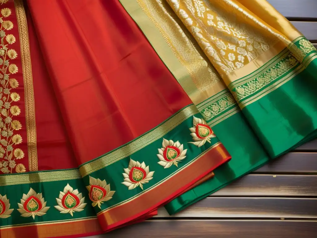 Un elegante saree vintage de Bengal exhibiendo patrones y colores vibrantes