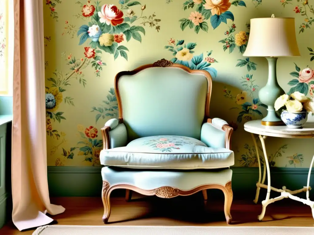 Elegante tela vintage con estampados florales en tonos suaves sobre un sillón clásico