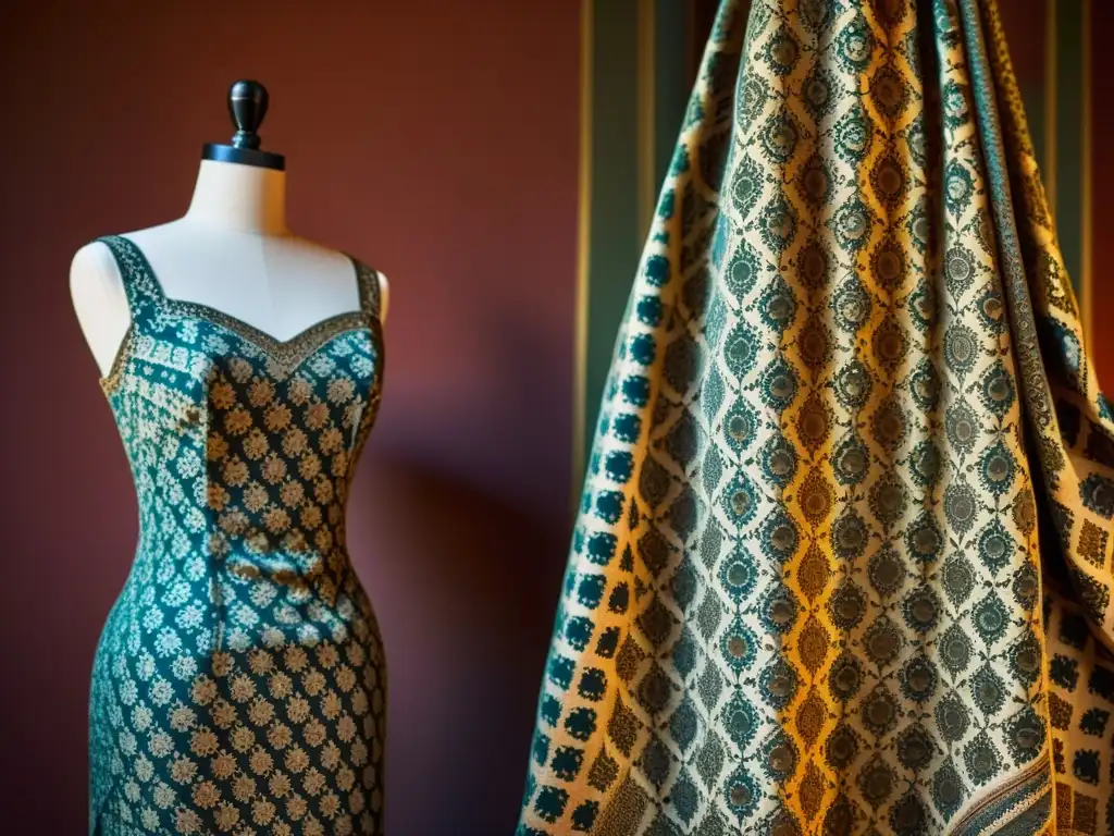 Una fotografía de alta resolución con un elegante textil vintage sobre un maniquí, destacando detalles y textura bajo una suave iluminación