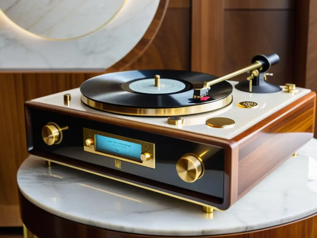 Un elegante tocadiscos vintage en una mesa de mármol, rodeado de equipo de audio de lujo