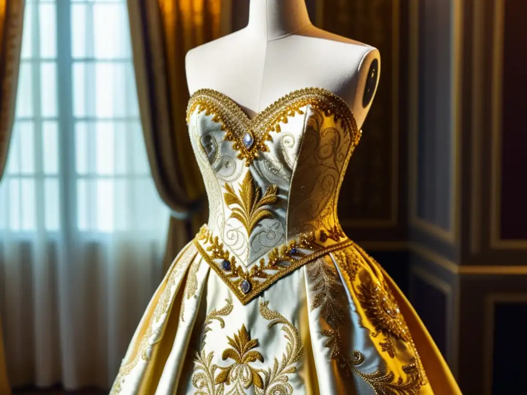 Un elegante vestido de alta costura con patrones dorados, exquisitamente detallado, muestra el lujo y la artesanía de la moda