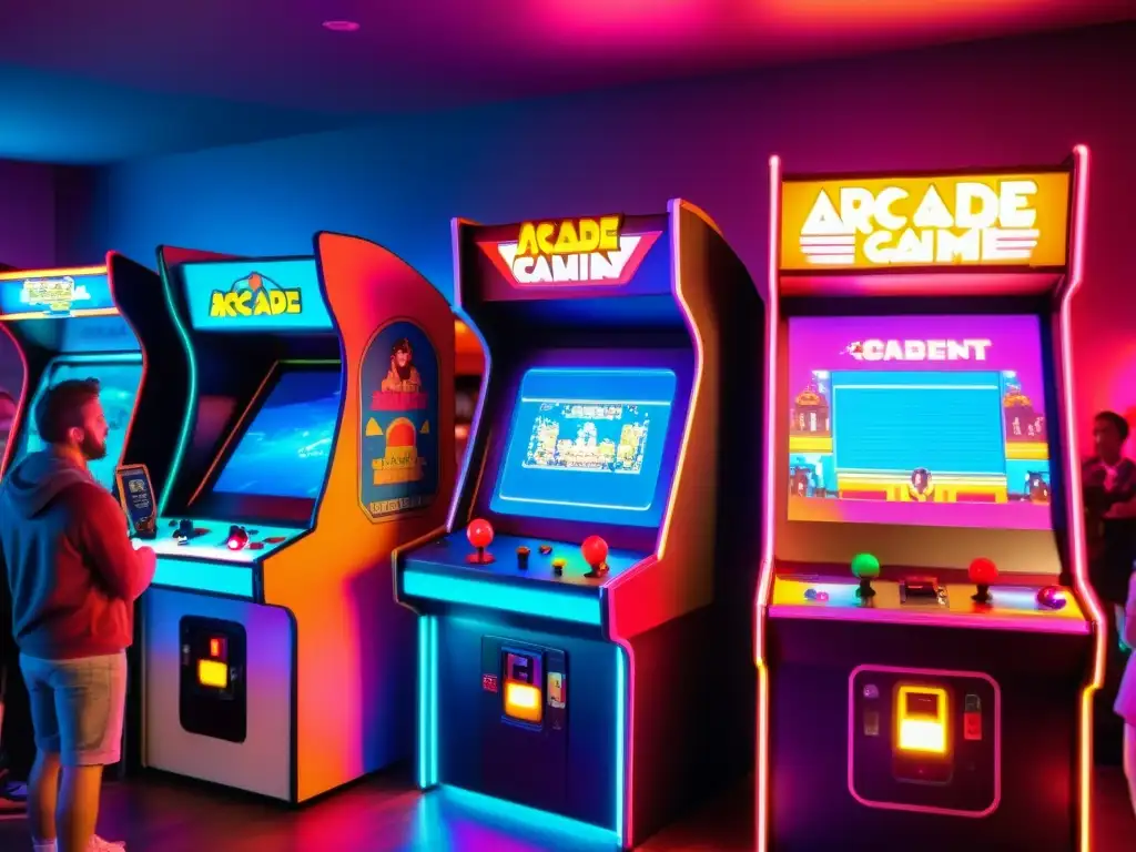 Un emocionante ambiente retro de arcade con gamers entusiastas, inmersos en intensas partidas