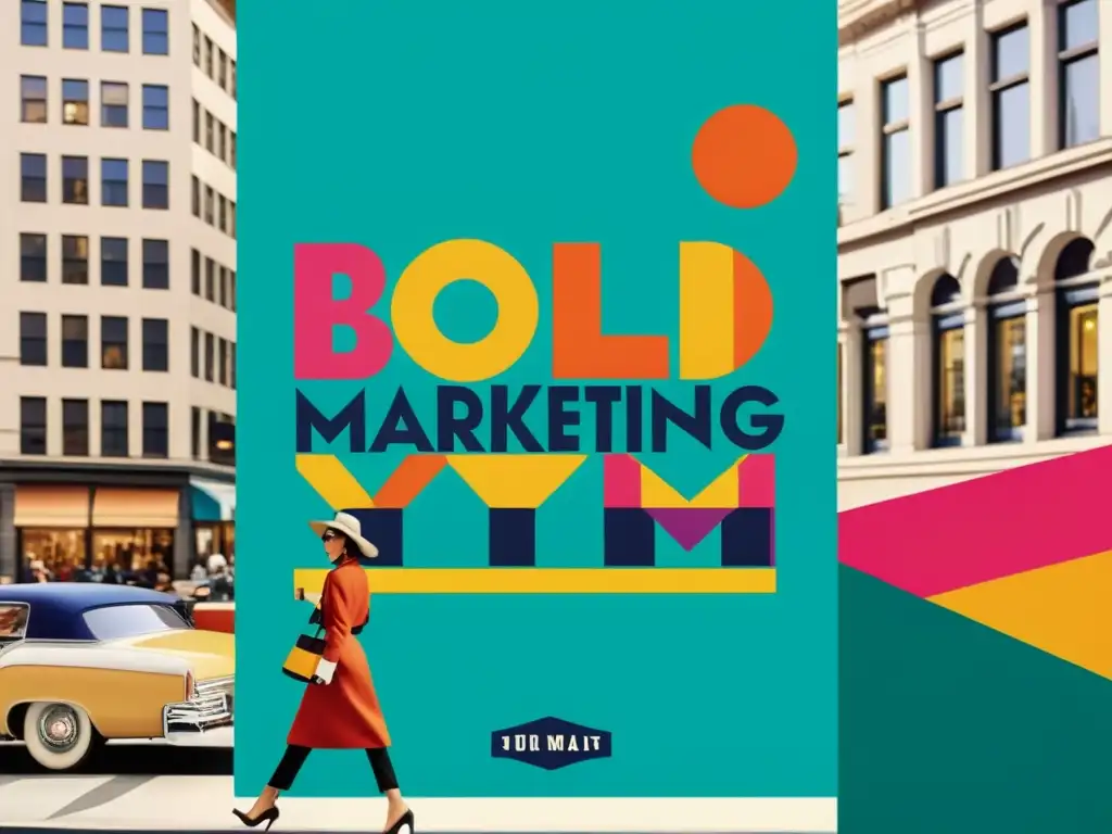 Cartel de marketing retro: colores vibrantes y patrones geométricos Un emocionante cartel de marketing con patrones retro en una bulliciosa calle de la ciudad