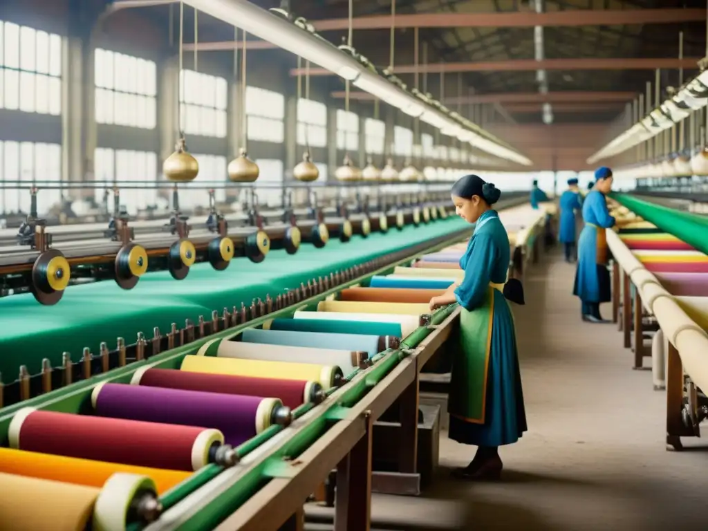 Una emocionante fotografía vintage de una fábrica textil del siglo XX, con trabajadores produciendo telas coloridas