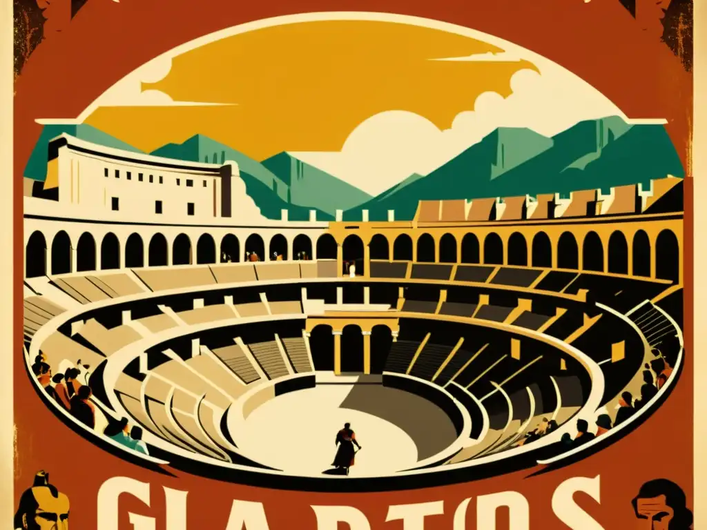 Espectáculo épico en el anfiteatro romano Un emocionante póster vintage de una película con gladiadores luchando en un anfiteatro romano, rodeados de una multitud animada
