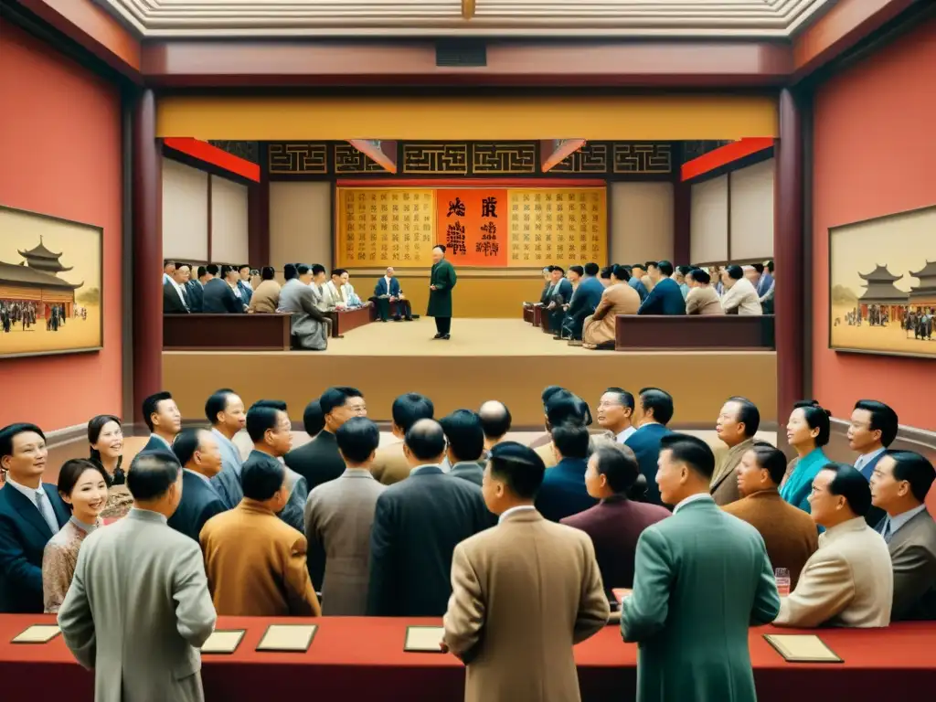 Una emocionante subasta de arte chino con patrones tradicionales y elegantes vestimentas en una atmósfera de elegancia atemporal