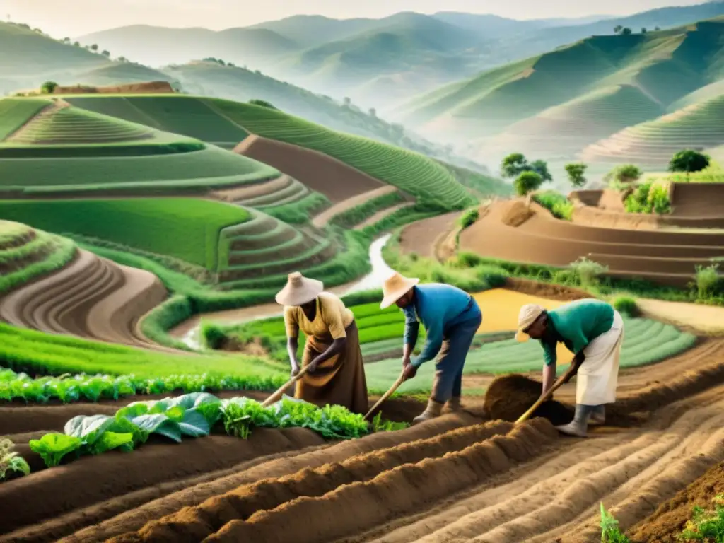 Una emotiva imagen vintage de agricultores multiculturales preservando patrones de erosión del suelo con técnicas tradicionales