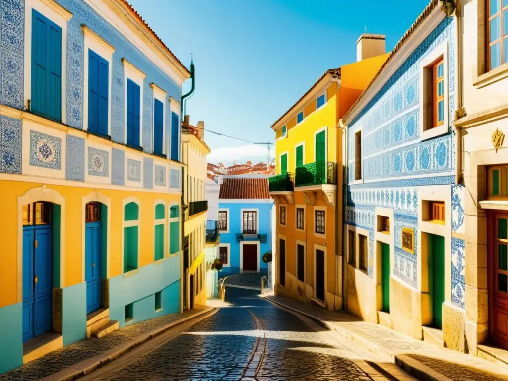 Un encantador paisaje de calles empedradas en Lisboa, Portugal, con edificios coloridos y patrones artísticos de azulejos portugueses