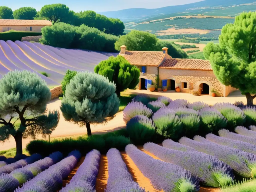 Encantador taller de arte textil entre campos de lavanda en Provenza, con artesanos bordando patrones inspirados en la naturaleza