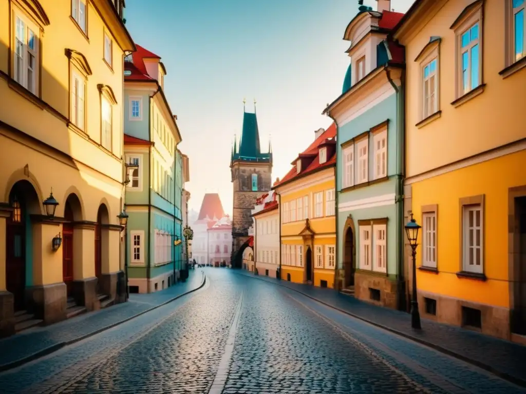 Una fotografía vintage de las encantadoras calles empedradas del Viejo Casco de Praga, con sus patrones artísticos y arquitectura histórica