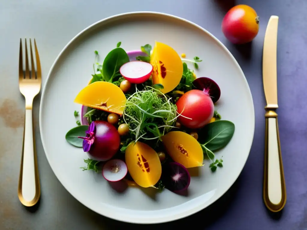 Una ensalada gourmet con patrones de color en un plato vintage, iluminada por la cálida luz de una cocina rústica