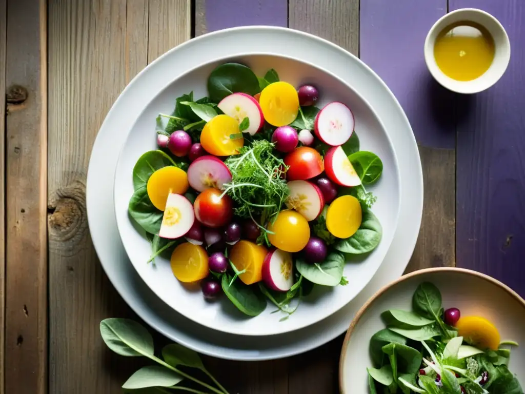 Una ensalada gourmet con patrones de color en un ambiente nostálgico y cálido