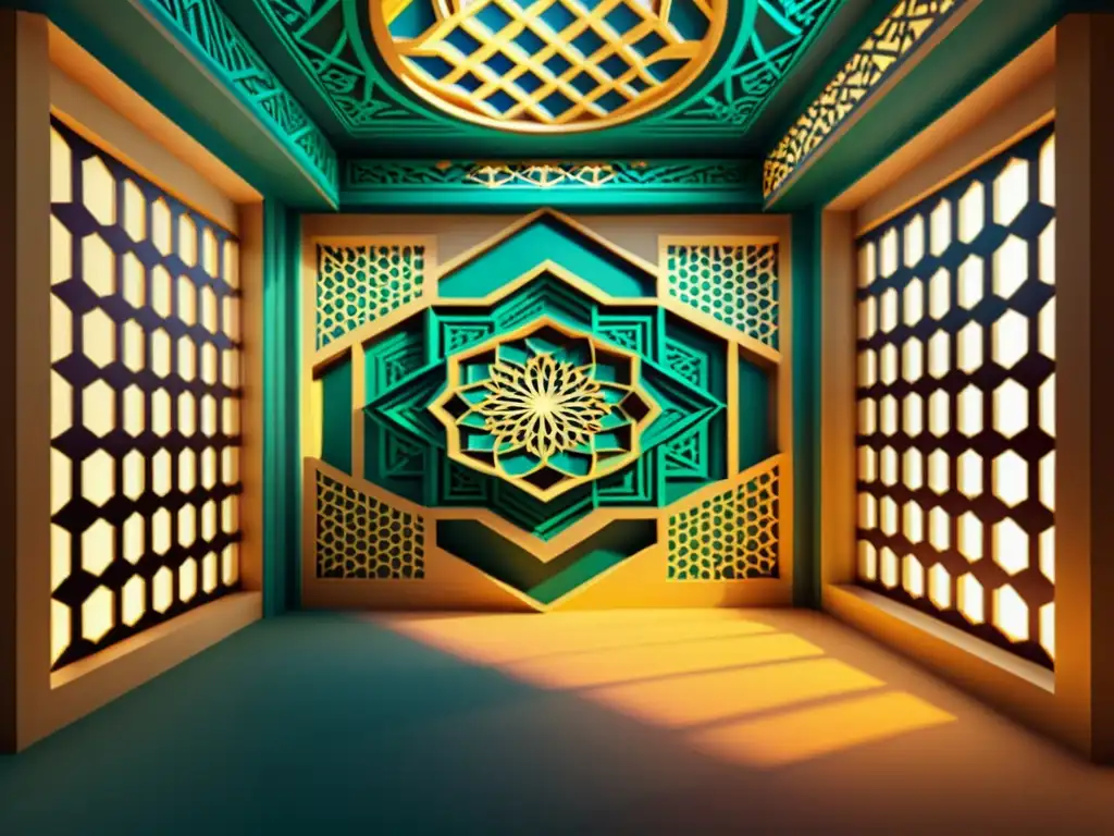 Entorno 3D de patrones islámicos: vintage y vibrante Entorno de realidad virtual con patrones islámicos vibrantes en 3D, evocando elegancia y maestría artística