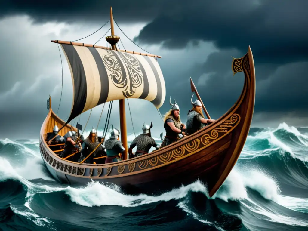 Un épico viaje en un drakkar vikingo a través de mares tormentosos, con patrones vikingos en el arte y una tripulación valiente desafiando las aguas
