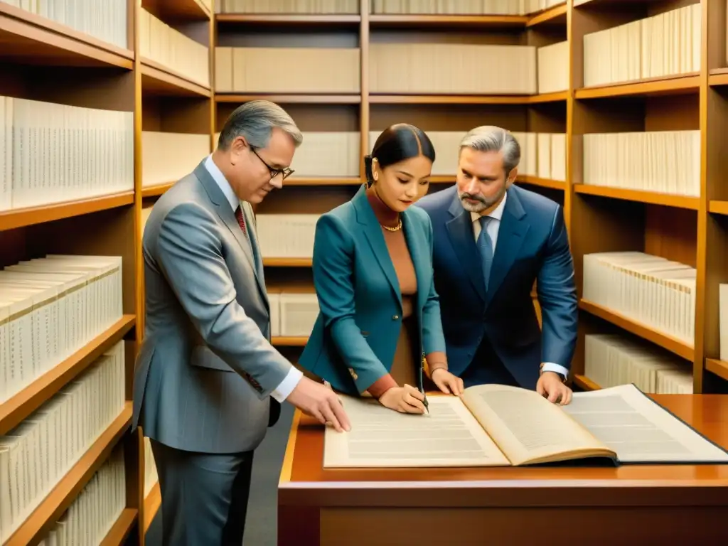 Un equipo legal y representantes culturales dialogan respetuosamente sobre patrones culturales en un entorno de archivos históricos