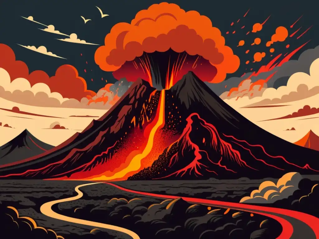 Una ilustración vintage de una erupción volcánica con patrones de flujo de lava, cielo oscuro y nubes de ceniza, y personas observando a lo lejos