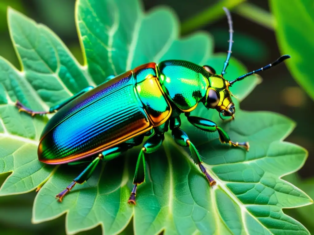 Un escarabajo joya iridiscente brilla en el sol sobre hojas verdes, mostrando la magia de los patrones iridiscentes en la naturaleza