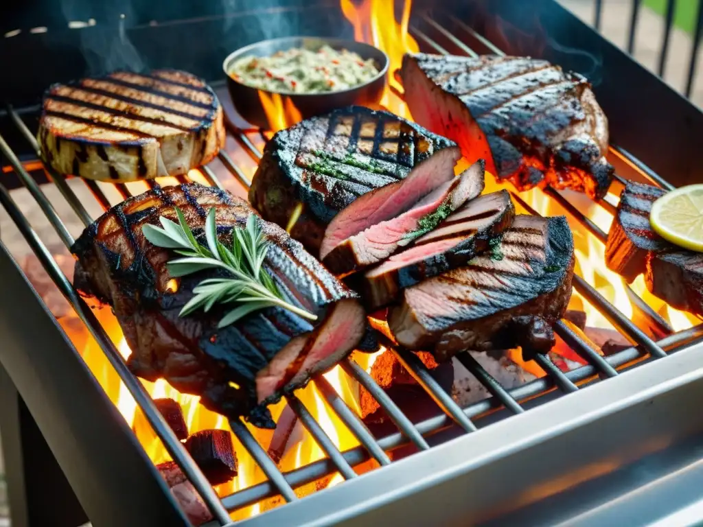 Una escena de barbacoa al aire libre con patrones artísticos en parrilla internacional, resaltando los sabores y colores ahumados de la carne asada