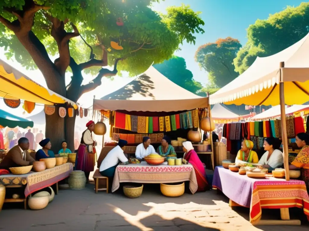 Escena en un animado mercado, gente diversa viste trajes étnicos coloridos, comercia bajo un árbol