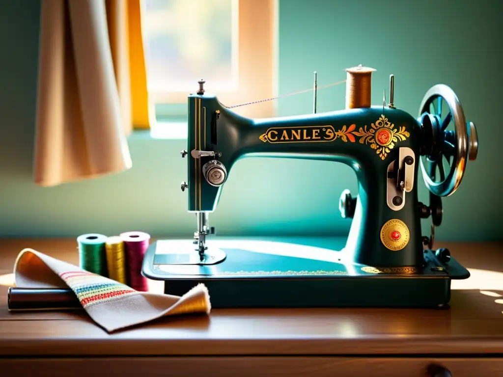 Una escena atemporal de artesanía, con una máquina de coser vintage, hilos de colores y telas