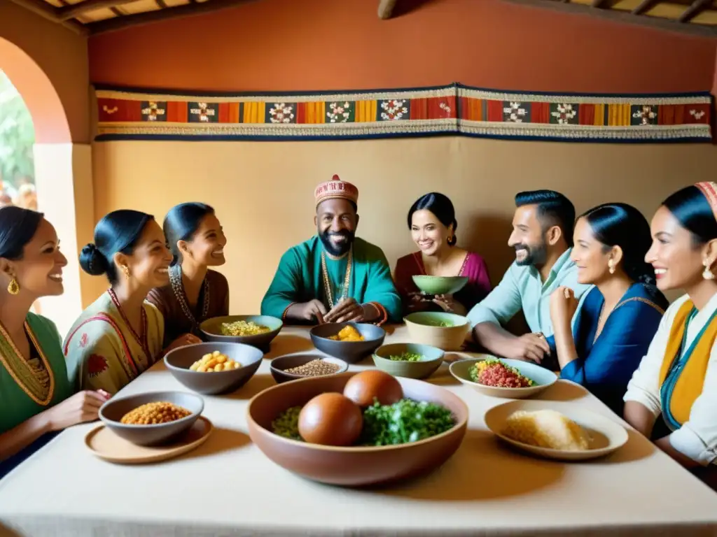 Una escena cálida y auténtica de diversidad cultural, con personas compartiendo una comida y luciendo patrones étnicos atractivos