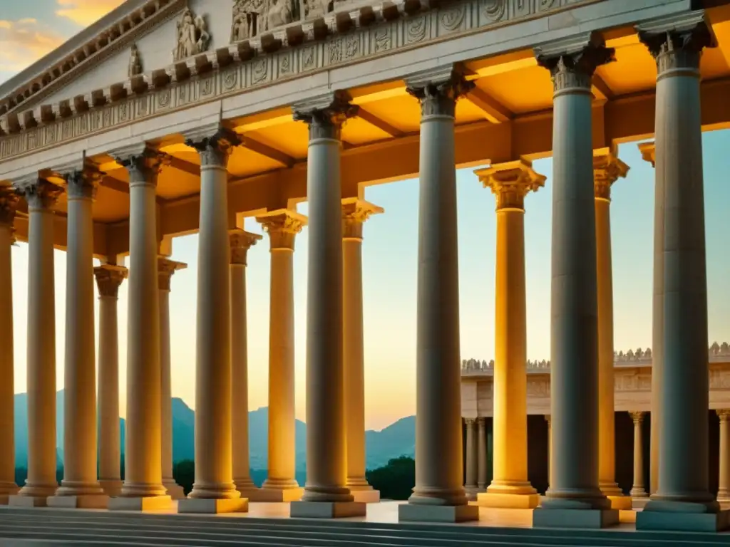 Esplendor GrecoRomano: Elegancia atemporal en un escenario grandioso Escena cinematográfica con impresionante arquitectura GrecoRomana, columnas de mármol, frisos detallados y una iluminación dramática