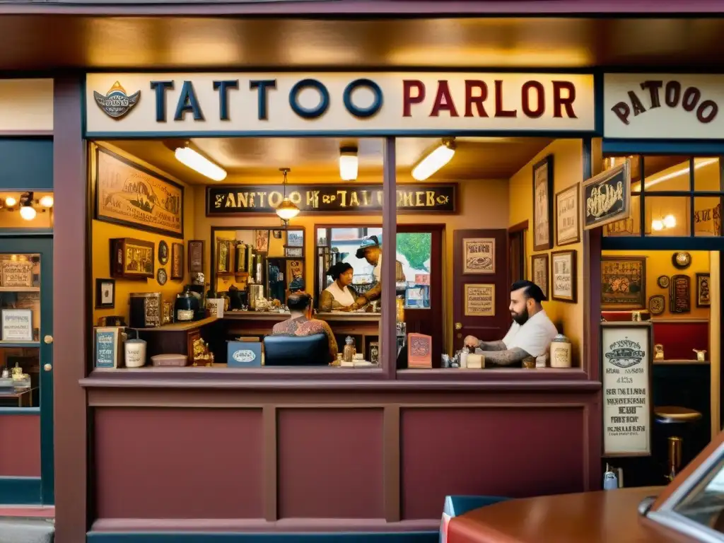 Una escena detallada de un antiguo estudio de tatuajes con un ambiente cálido y clientes variados