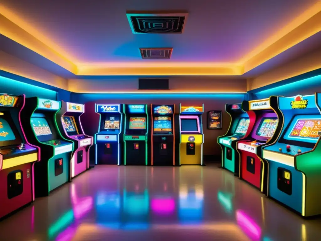 Una escena dinámica y colorida de moda de videojuegos, con avatares vistiendo patrones artísticos y luminosas luces de neón en un arcade vintage