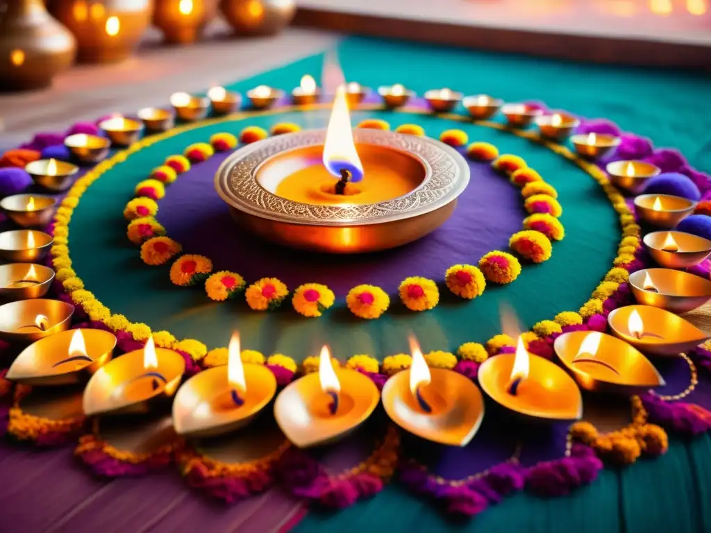 Escena encantadora de celebración de Diwali con patrones de luz y color, lámparas tradicionales y rangoli, iluminada con tonos cálidos y nostálgicos