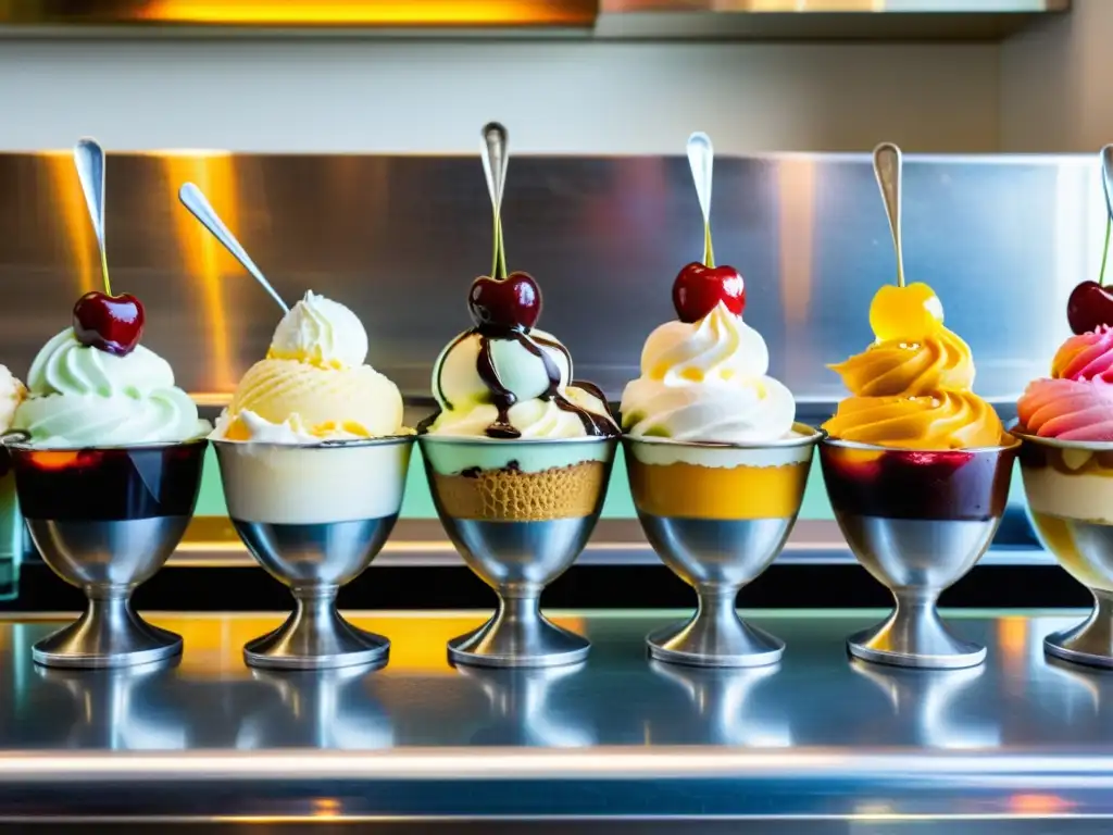 Una escena encantadora de helados artesanales y sorbetes en un mostrador retro, evocando patrones en presentación helados