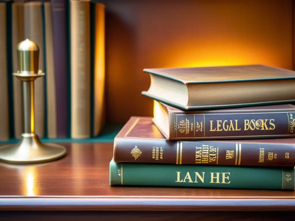 Una escena de estudio vintage con libros legales antiguos en un escritorio de madera iluminado por una lámpara de escritorio, con un globo terráqueo y pluma en tintero