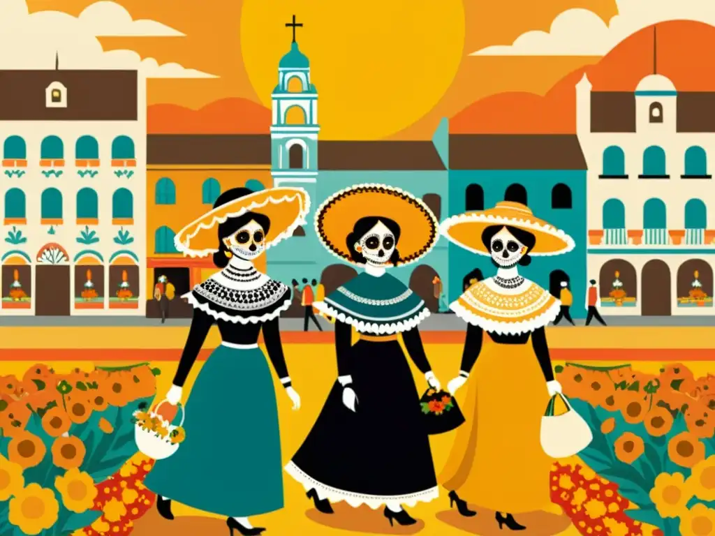 Una escena festiva de Catrinas en el Día de Muertos, paseando por la plaza llena de flores y papel picado al atardecer