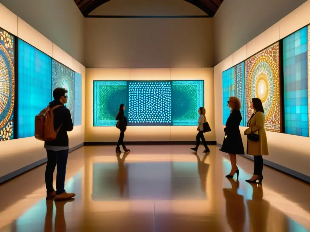 Exhibición de mosaico vintage en realidad aumentada Una escena inmersiva en un museo con realidad aumentada, donde los visitantes interactúan con un mosaico artístico