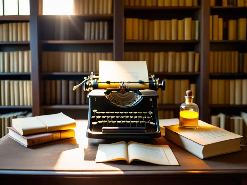 Una escena nostálgica en una biblioteca antigua, con una máquina de escribir vintage, plumas de ave y tinteros