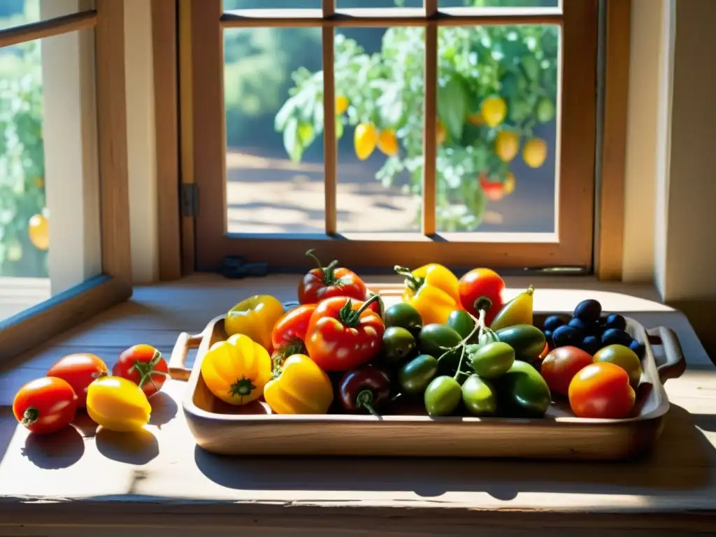 Una escena nostálgica de cocina mediterránea, con ingredientes frescos y coloridos en una mesa rústica iluminada por el sol