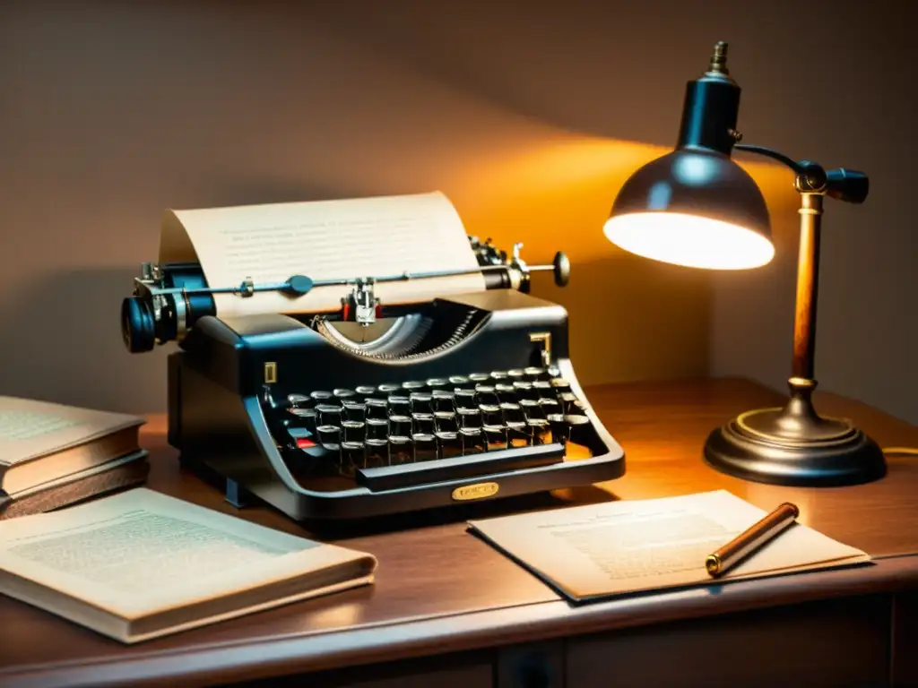 Una escena nostálgica de un escritorio de madera con máquina de escribir vintage, manuscritos envejecidos y lentes redondos