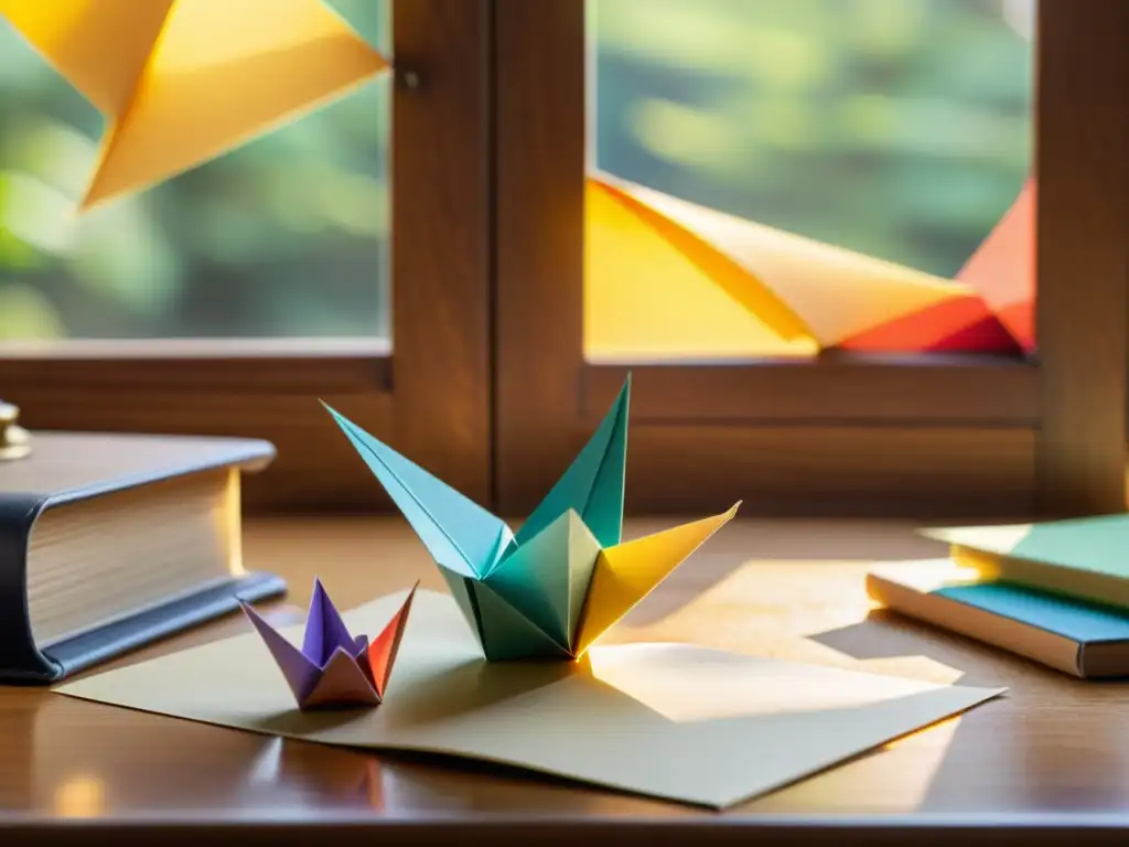 Escena nostálgica de origami en un escritorio de madera vintage con patrones coloridos