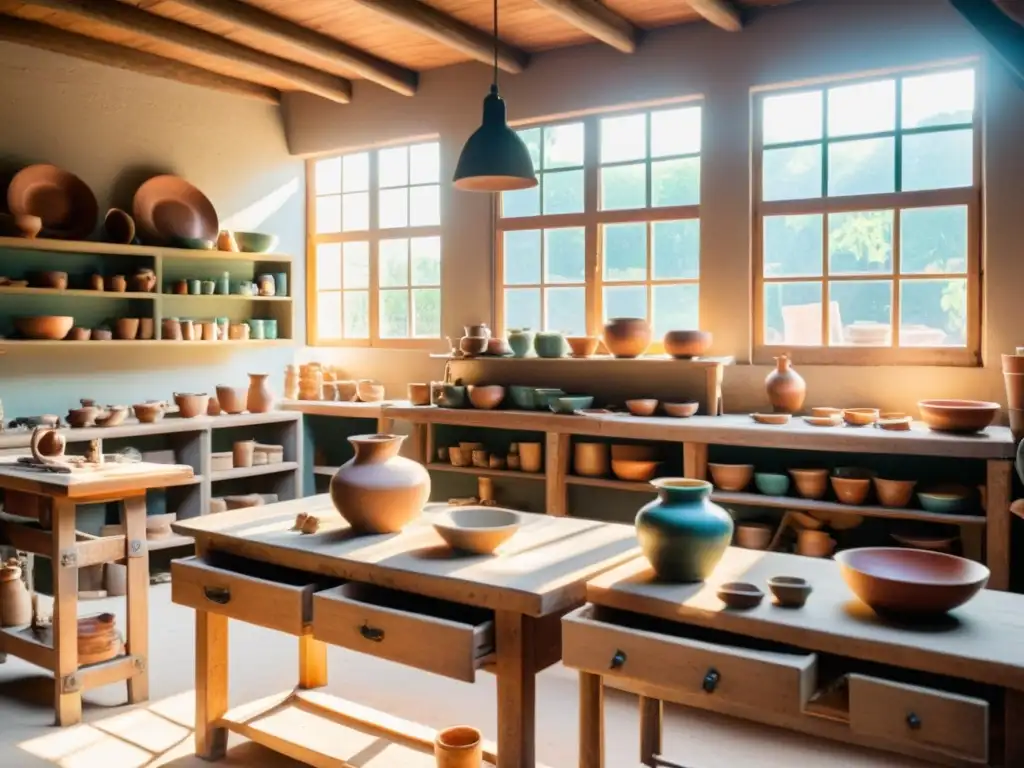 Taller de cerámica artesanal: tradición y creatividad Escena nostálgica en taller de cerámica con artesanos creando piezas únicas